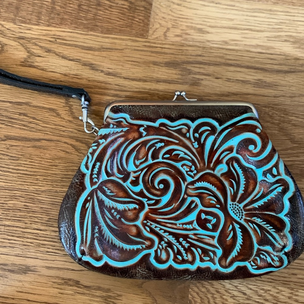 Patricia Nash Leather Clutch Wristlet Floral Tooled Leather Blue and Brown